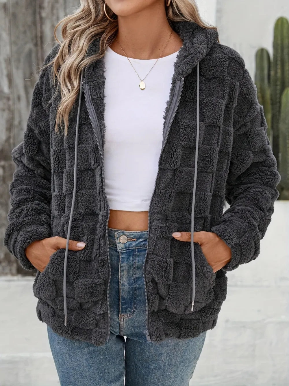 Checkered Texture Zip Up Drawstring Fuzzy Jacket-Nordavory
