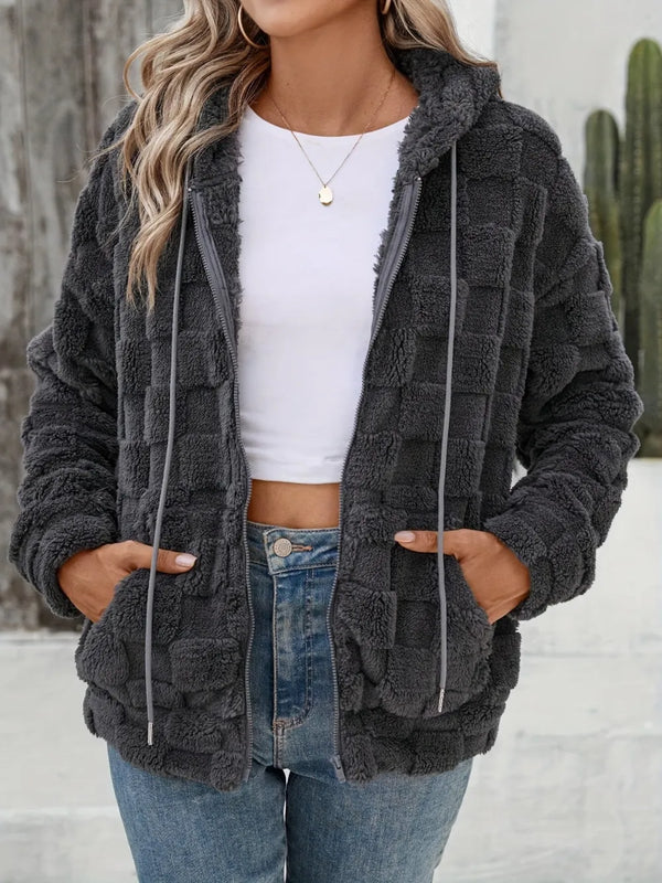 Checkered Texture Zip Up Drawstring Fuzzy Jacket-Nordavory
