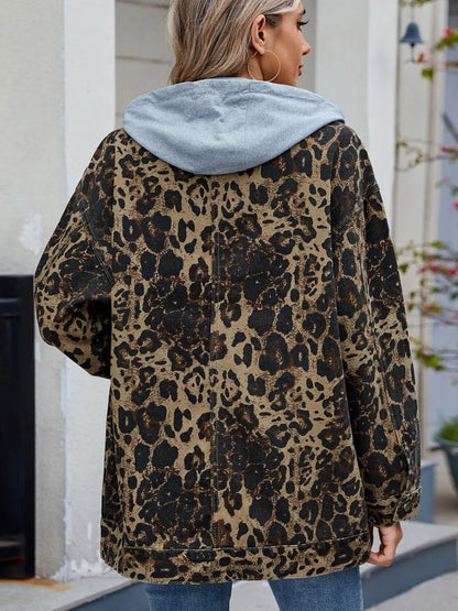 Leopard Button Up Drop Shoulder Denim Jacket-Nordavory
