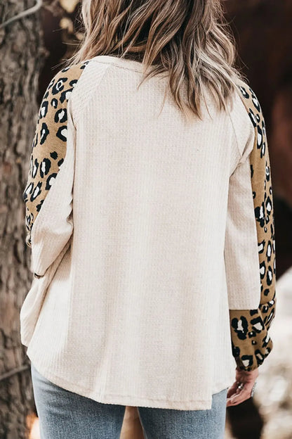 Plus Size Leopard V-Neck Raglan Sleeve Blouse-Nordavory