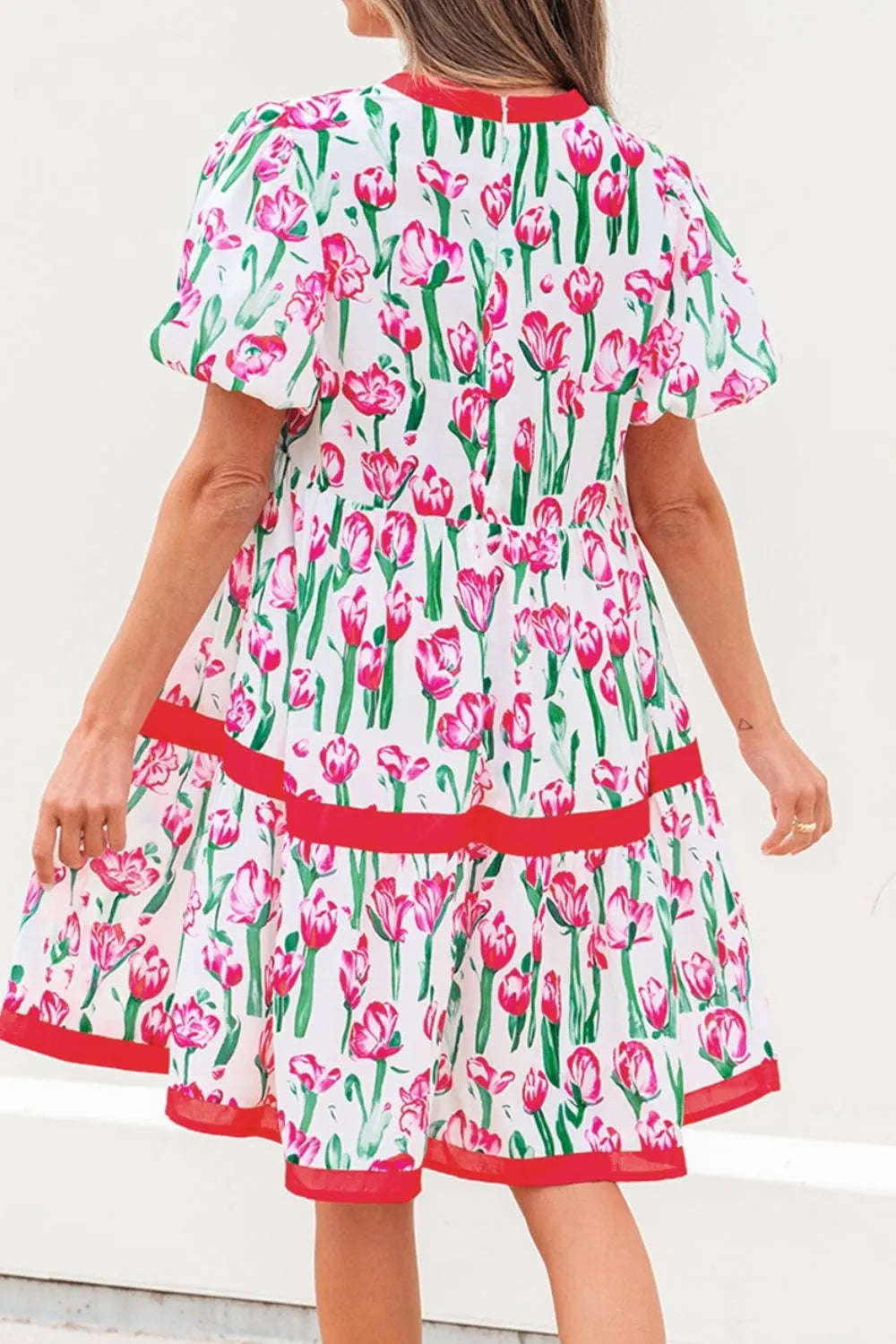 Floral Print Contrast Trim V Neck Bubble Short Sleeve Babydoll Dress-Nordavory