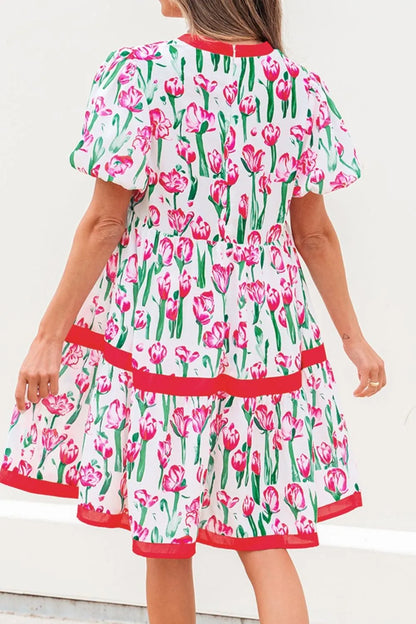 Floral Print Contrast Trim V Neck Bubble Short Sleeve Babydoll Dress-Nordavory