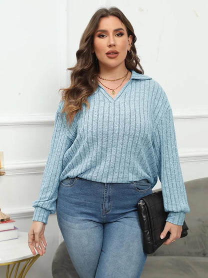 Plus Size Ribbed Collared Neck Long Sleeve Blouse-Nordavory