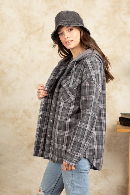 Drawstring Plaid Long Sleeve Hooded Jacket-Nordavory