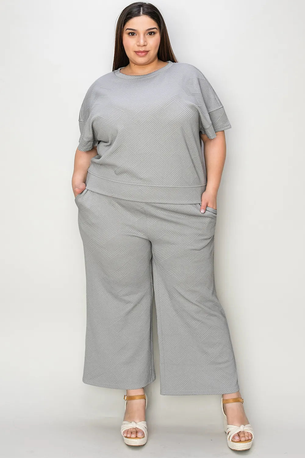 Double Take Full Size Texture Short Sleeve Top and Pants Set-Nordavory
