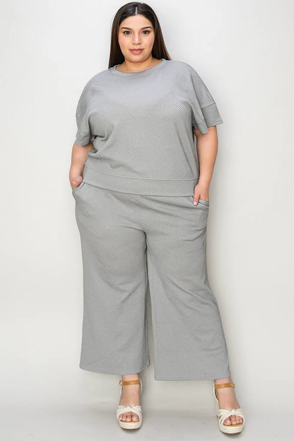 Double Take Full Size Texture Short Sleeve Top and Pants Set-Nordavory
