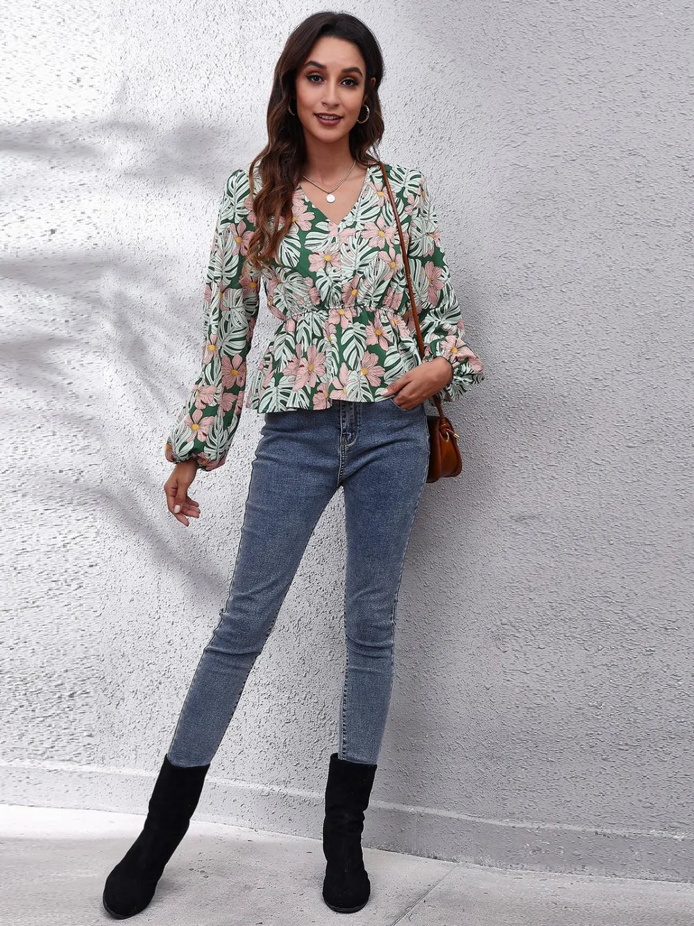 Floral V-Neck Balloon Sleeve Peplum Blouse-Nordavory