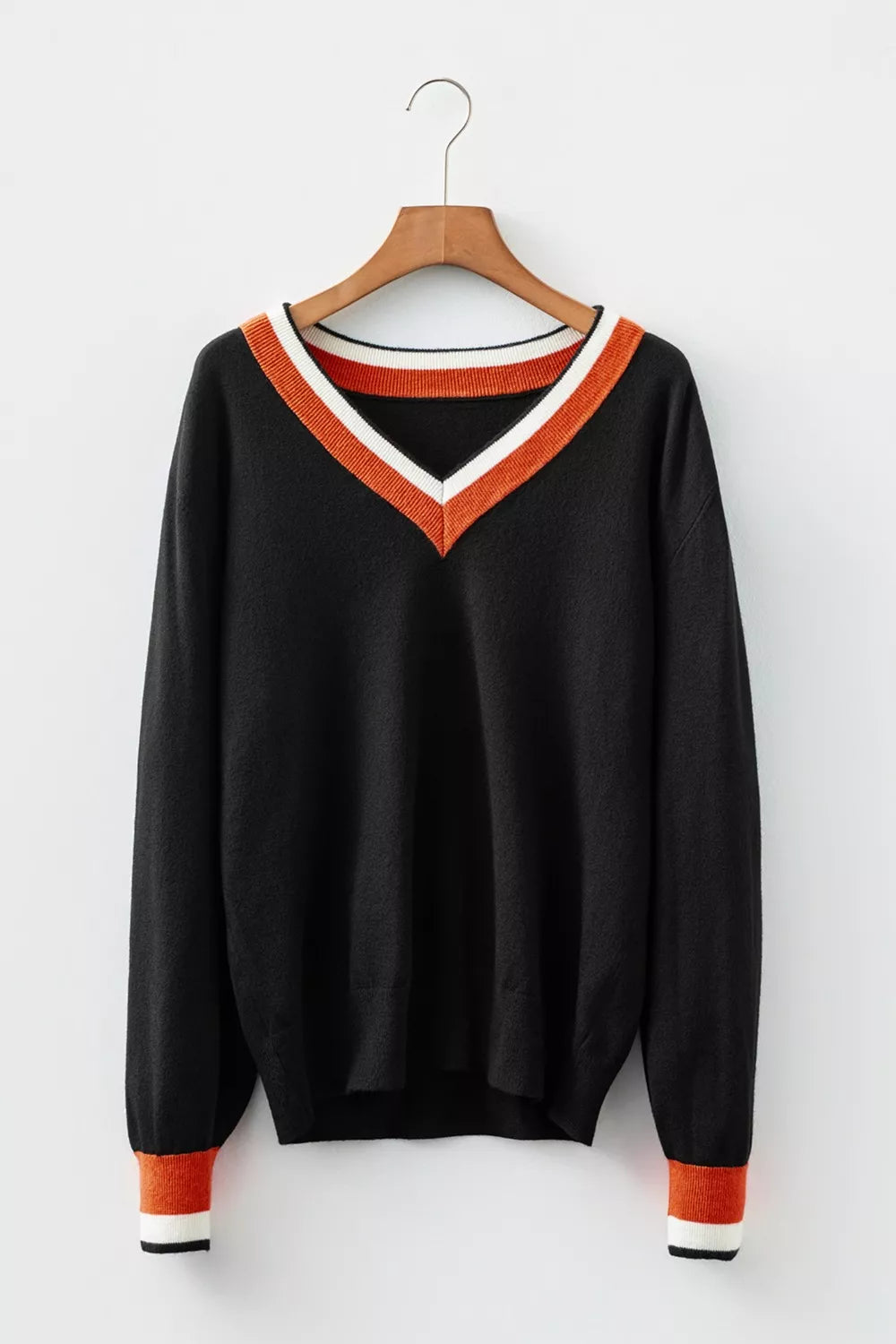 Contrast Striped Trim V Neck Varsity Sweater-Nordavory