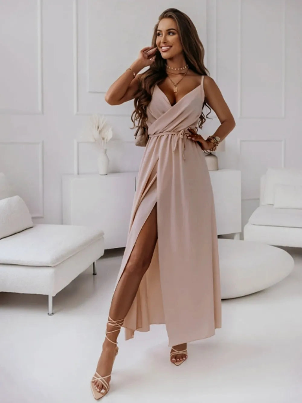 Honey Tied Surplice Sleeveless Midi Cami Dress-Nordavory