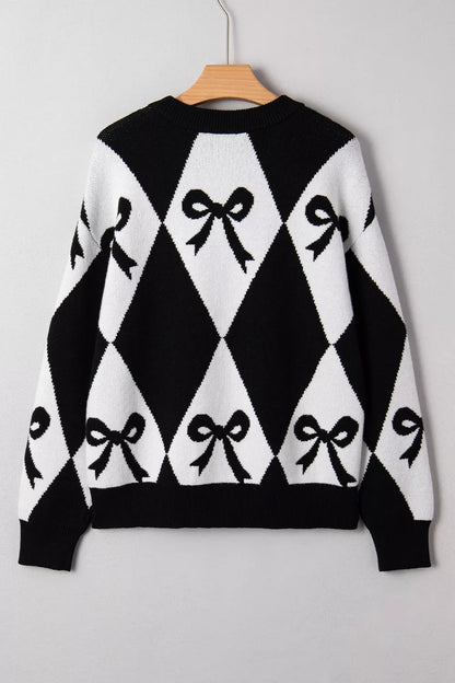 Bow Pattern Long Sleeve Contrast Sweater-Nordavory