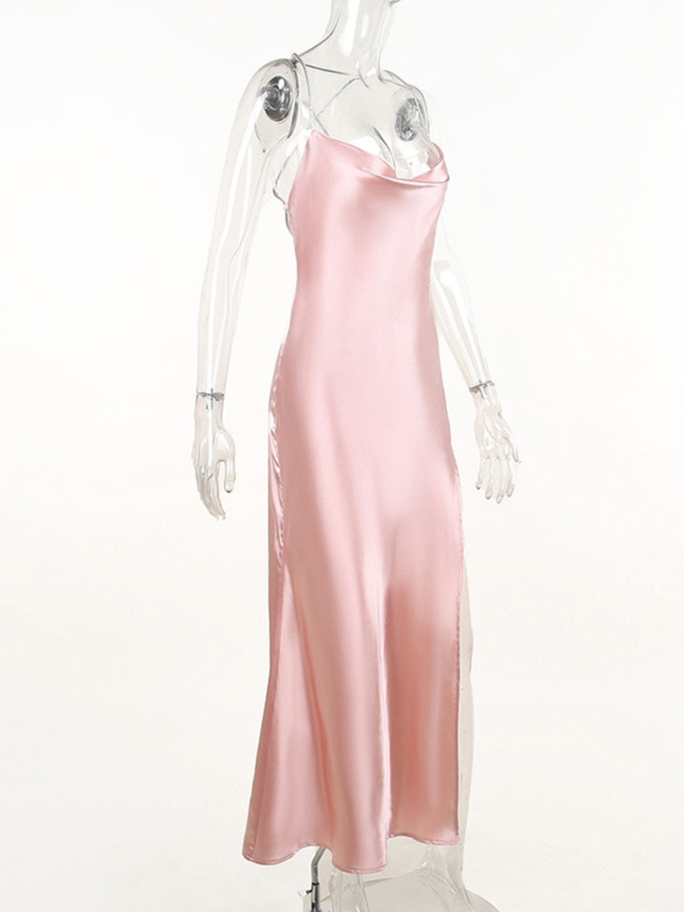 Slinky Satin Cowl Neck High Slit Dress with Back Lace Up-Nordavory