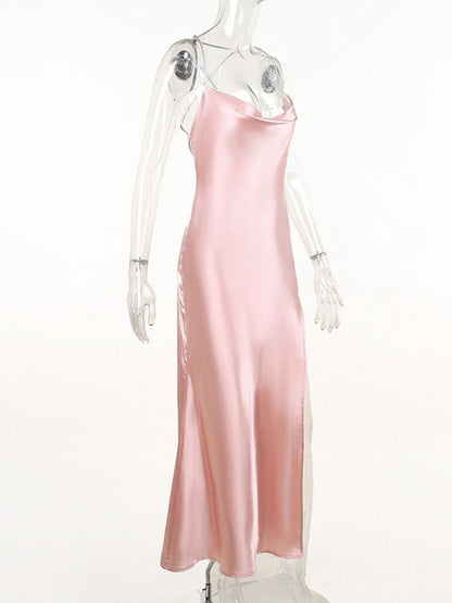 Slinky Satin Cowl Neck High Slit Dress with Back Lace Up-Nordavory