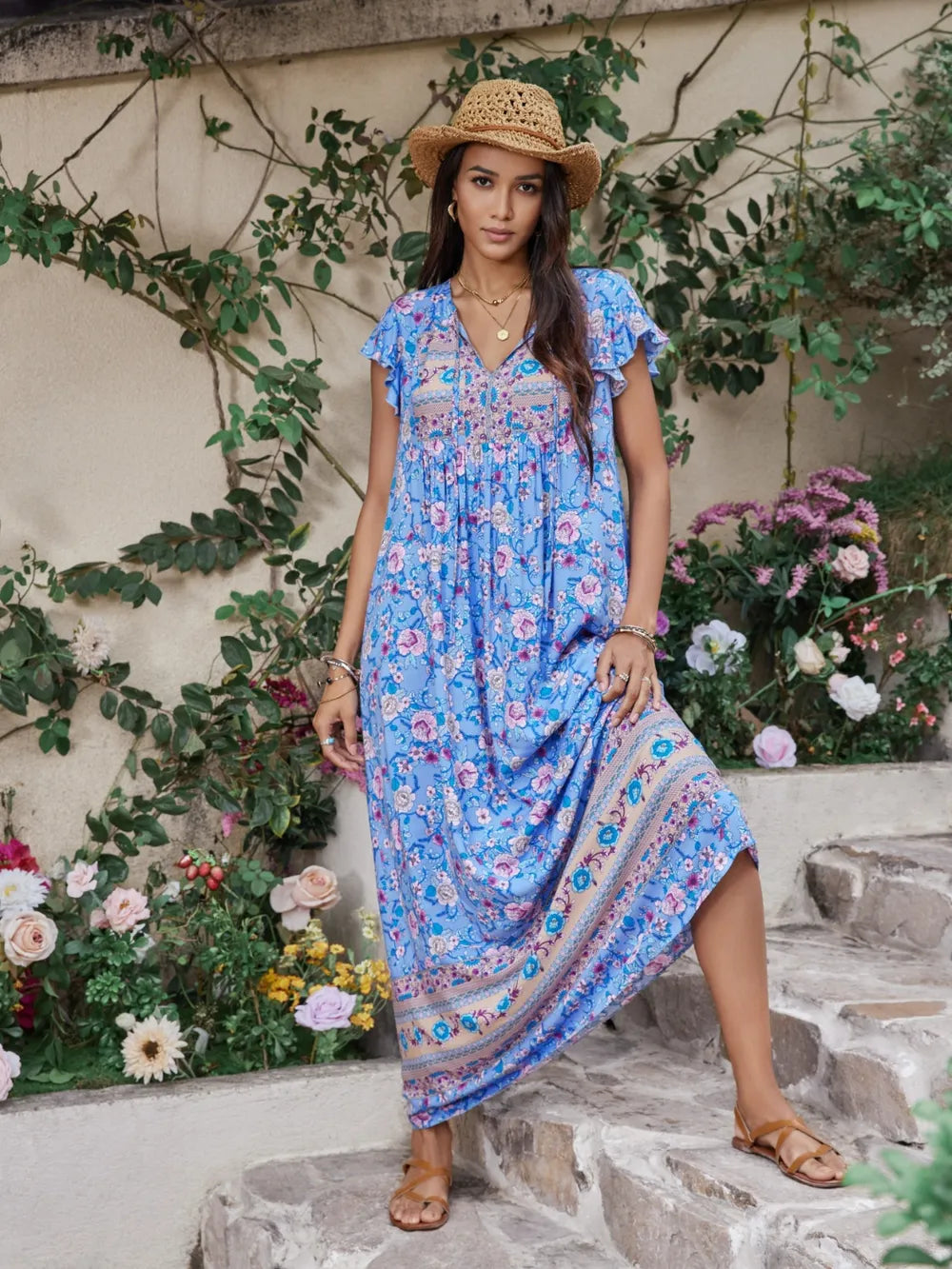 Ruffled Printed Tie Neck Cap Sleeve Dress-Nordavory
