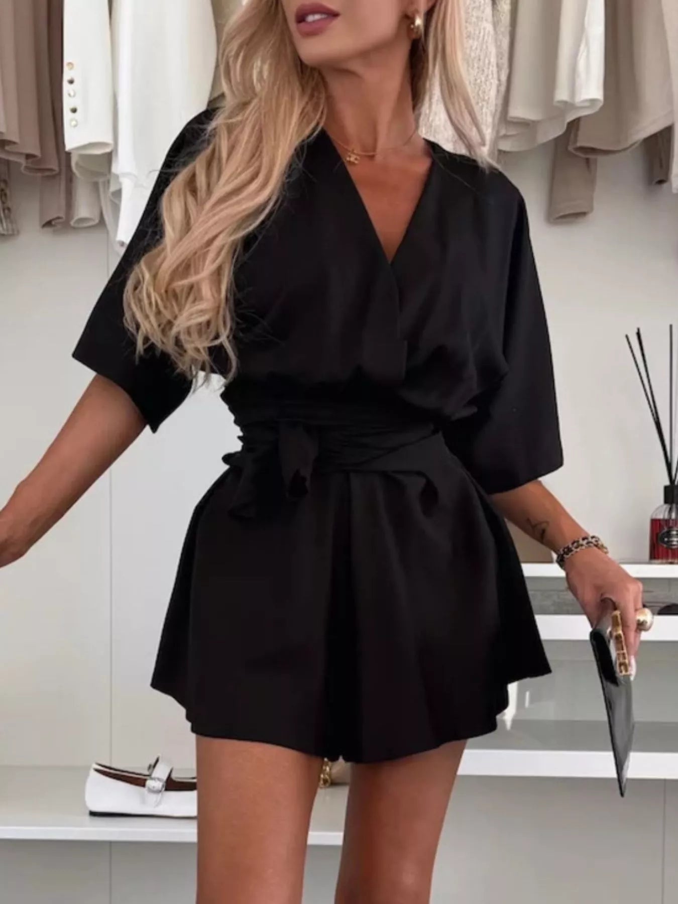 Full Size Surplice Tie Waist Romper Plus Size-Nordavory