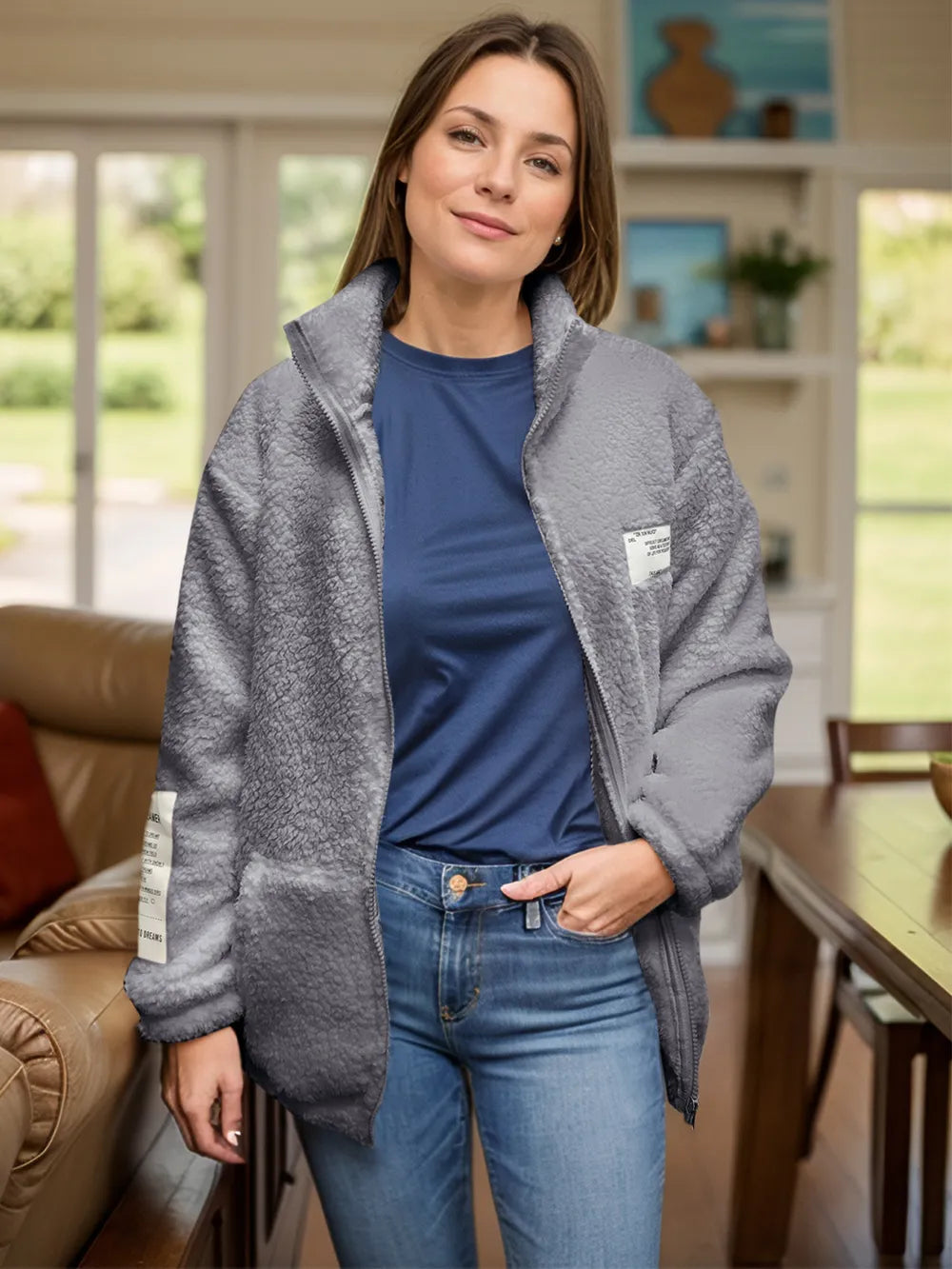 Full Size Turtleneck Zip Up Long Sleeve Sherpa Jacket-Nordavory