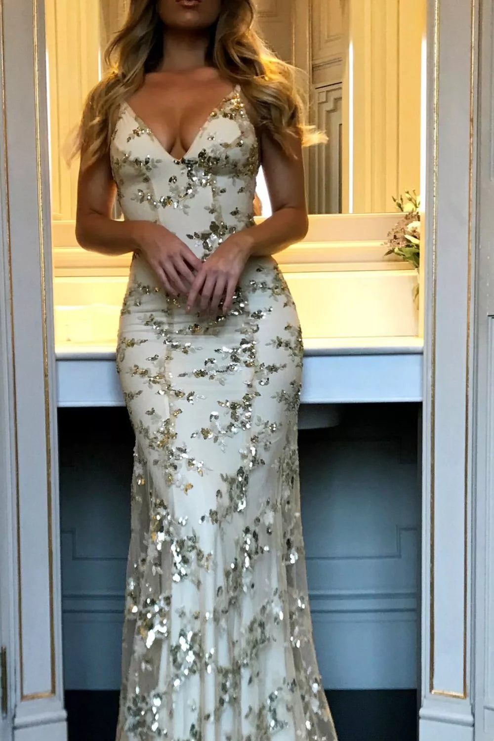 Full Size Sequin Tie Back V-Neck Maxi Dress Plus Size-Nordavory