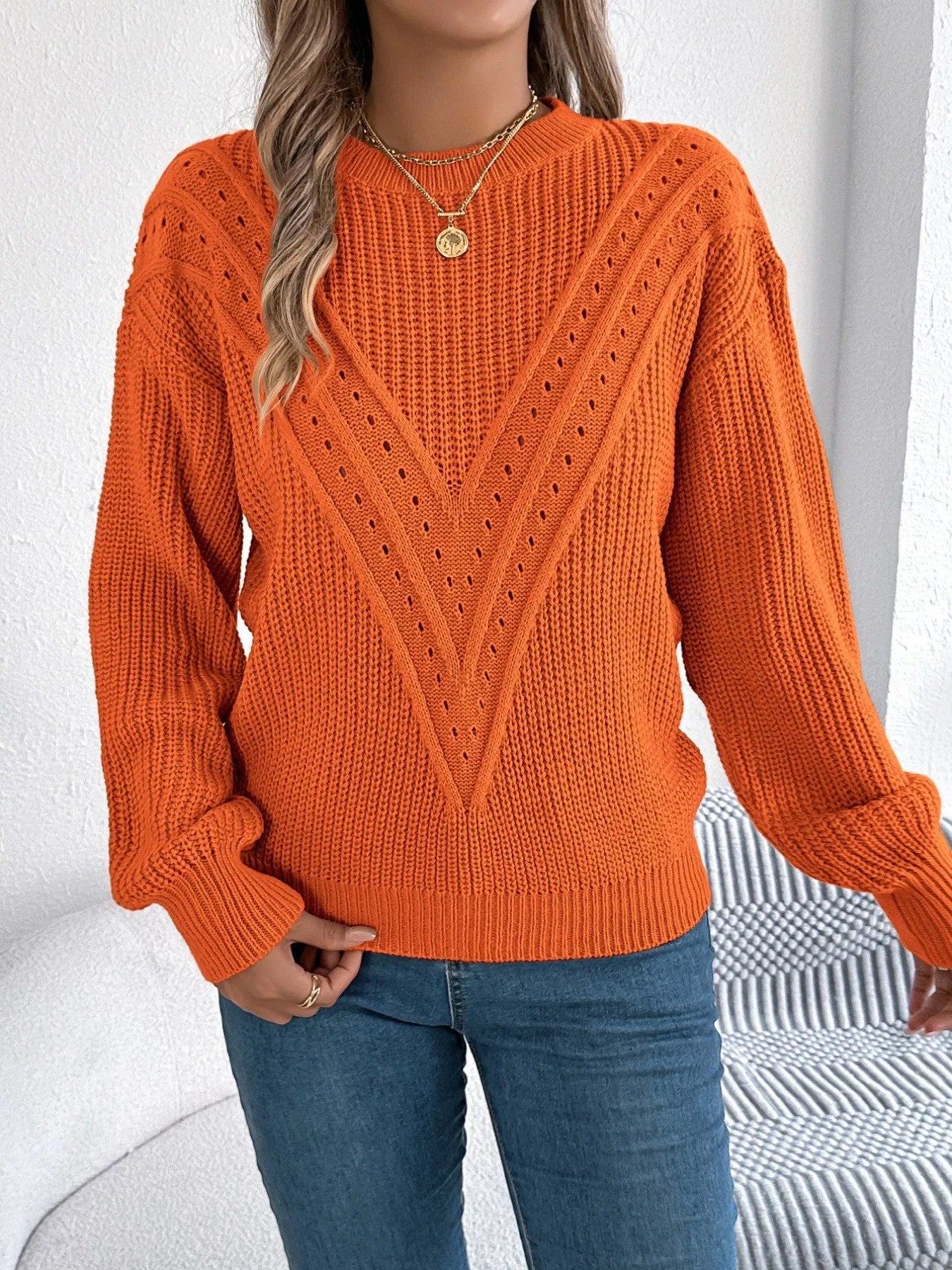 Openwork Round Neck Sweater-Nordavory