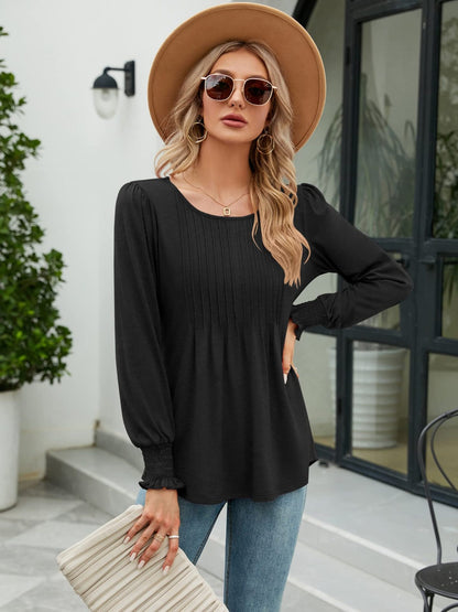 Smocked Round Neck Lantern Sleeve Blouse-Nordavory