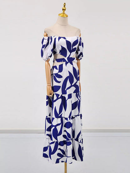 Off-Shoulder Cutout Leaf Print Maxi Dress-Nordavory