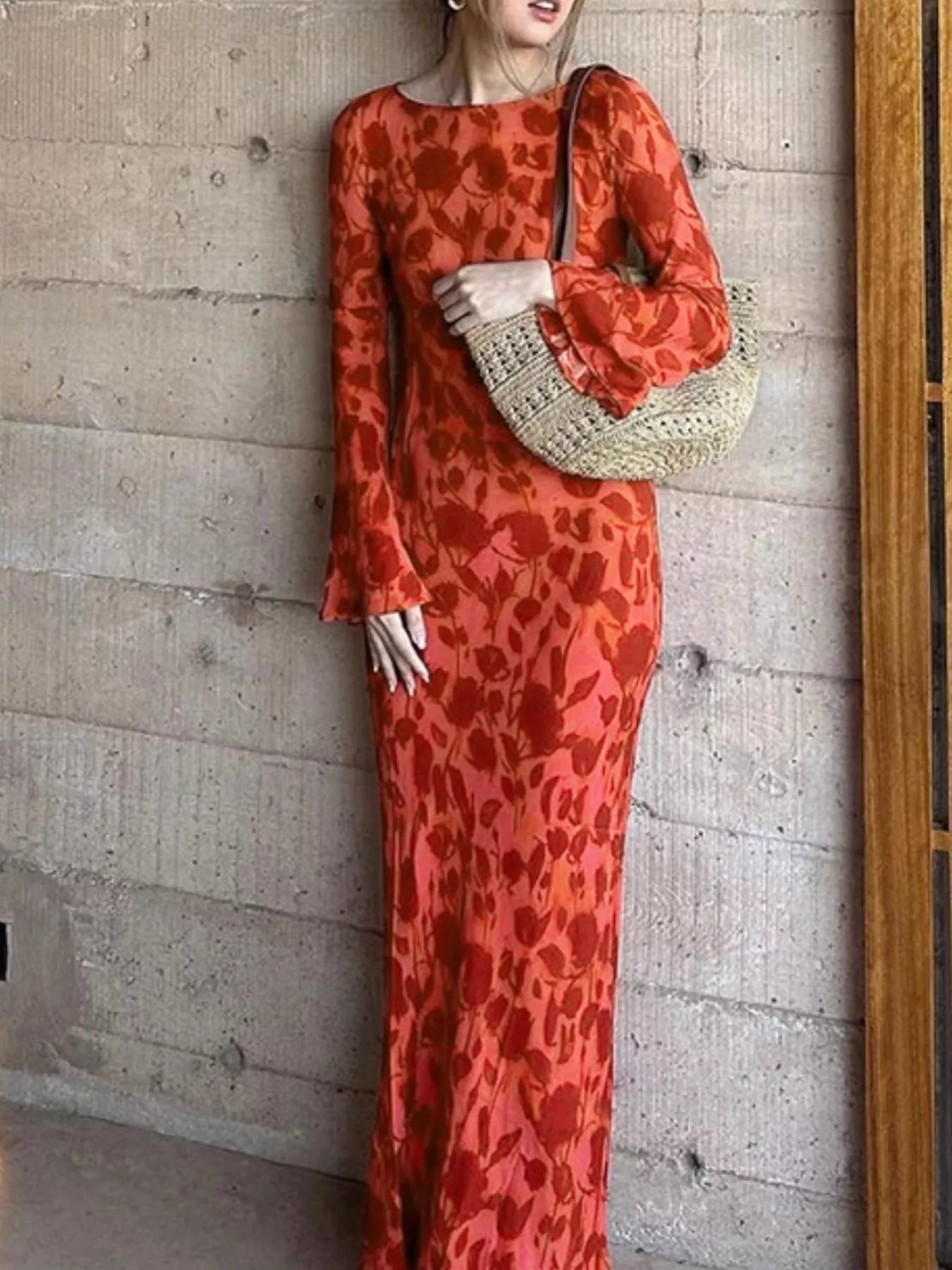 Floral Print Fare Sleeve Maxi Dress-Nordavory