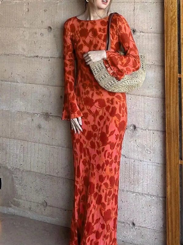 Floral Print Fare Sleeve Maxi Dress-Nordavory