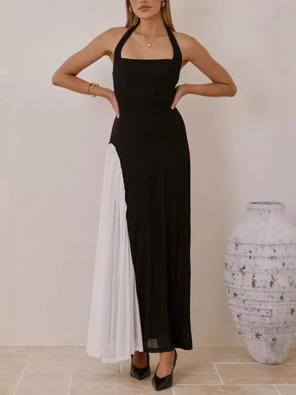 Contrast Halter Neck Maxi Dress-Nordavory