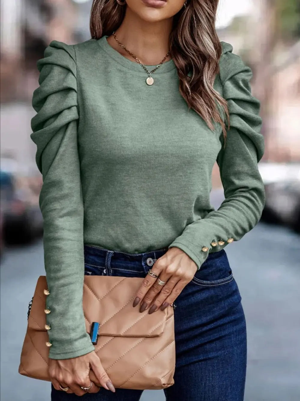 Round Neck Puff Sleeve Sleeve Blouse-Nordavory