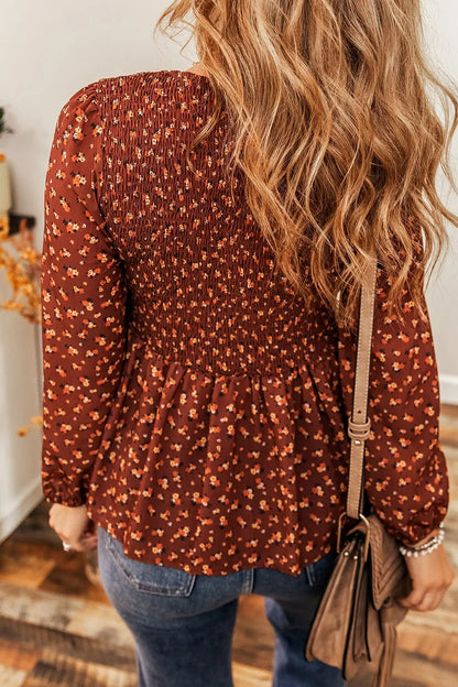 Floral Smocked Ruffle Hem Long Sleeve Blouse-Nordavory