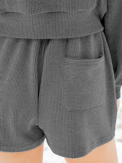 Ribbed Round Neck Long Sleeve Top and Shorts Set-Nordavory