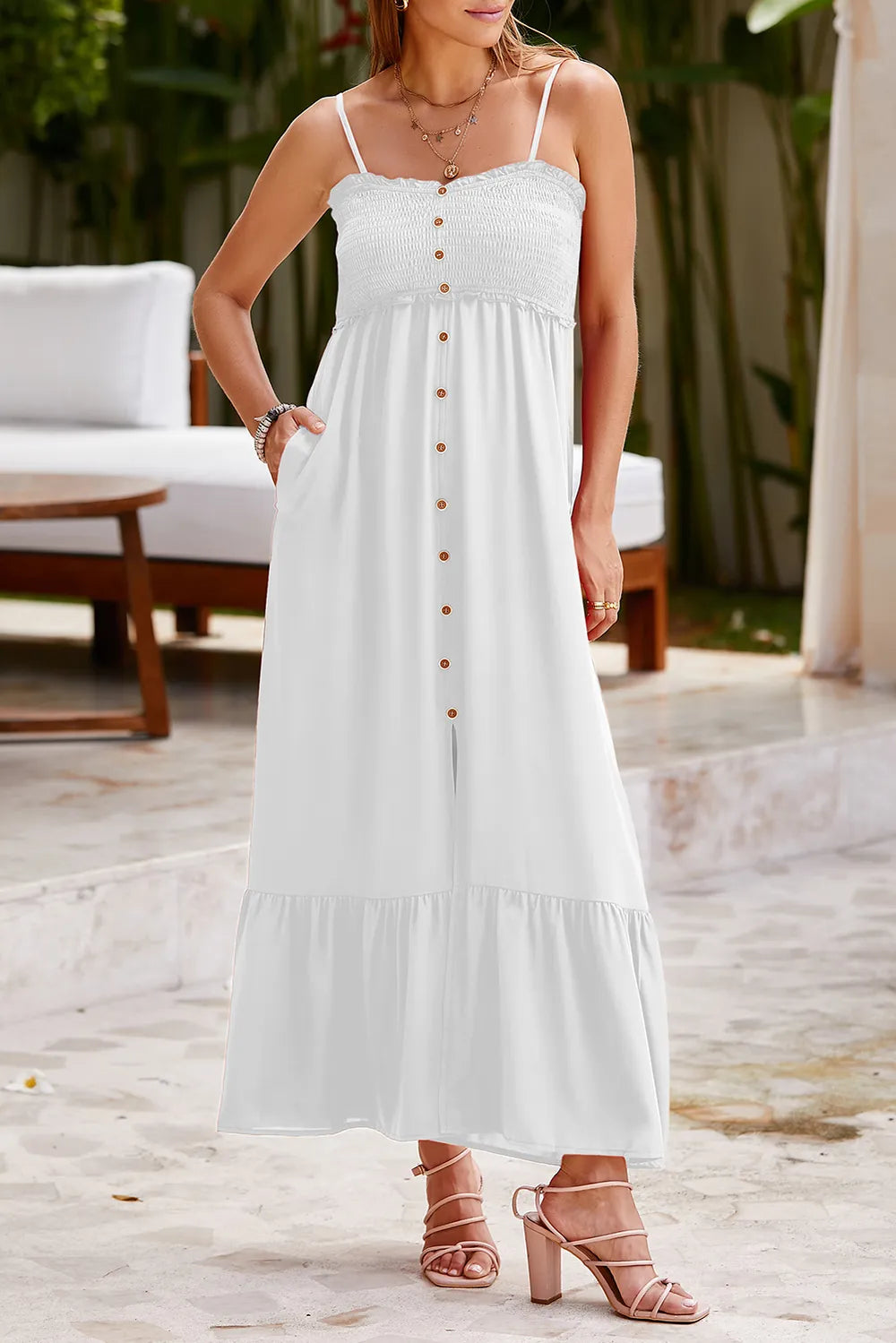 Smocked Spaghetti Strap Ruffle Hem Dress-Nordavory