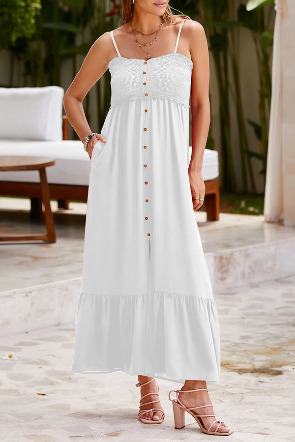 Smocked Spaghetti Strap Ruffle Hem Dress-Nordavory