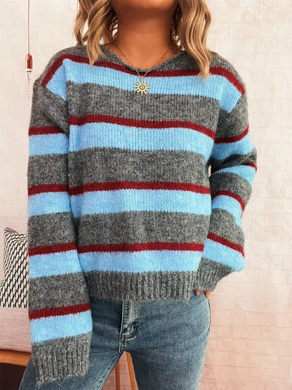 Striped Round Neck Long Sleeve Sweater-Nordavory