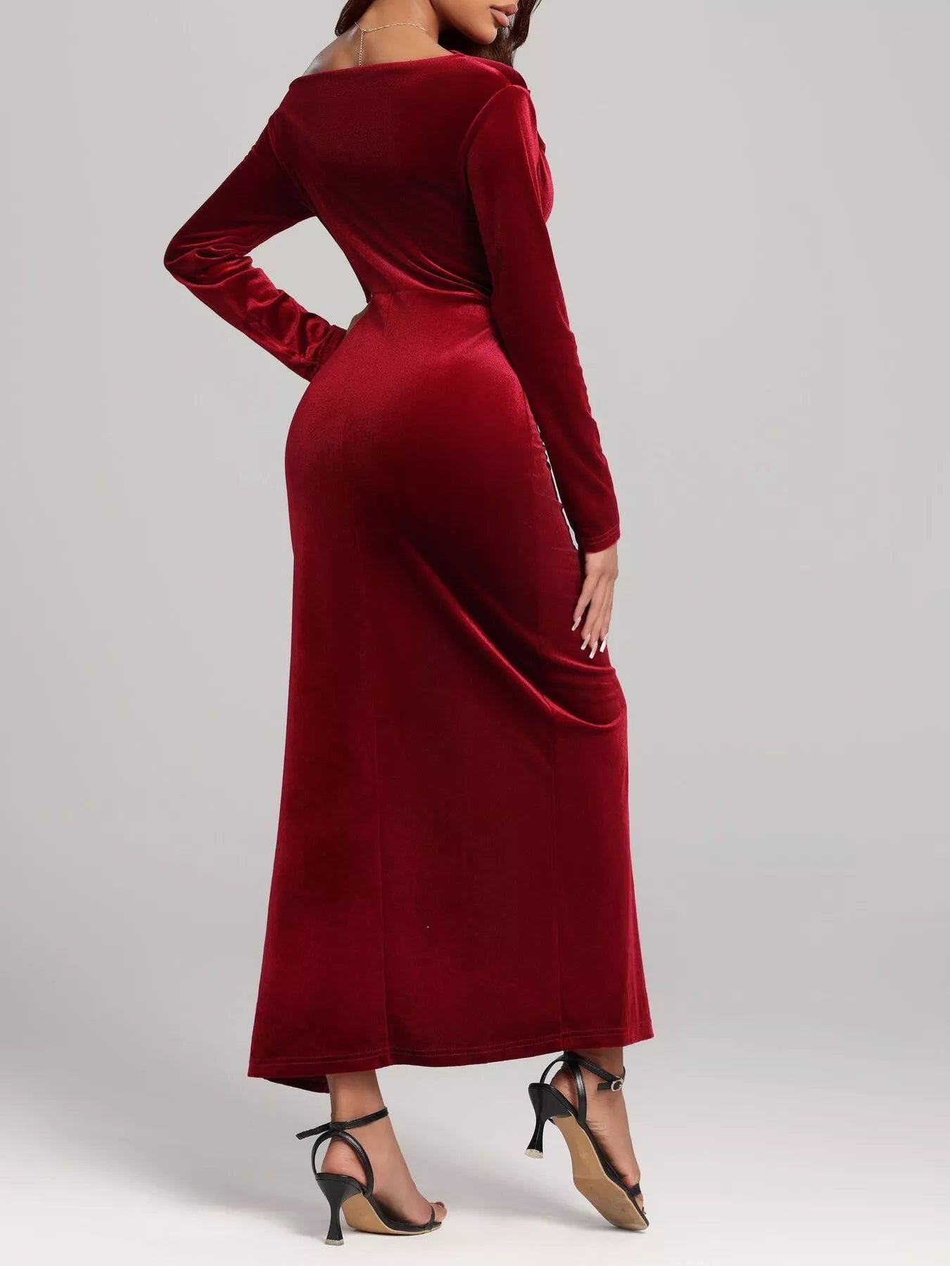 Ruched Velvet Long Sleeve Slit Dress-Nordavory