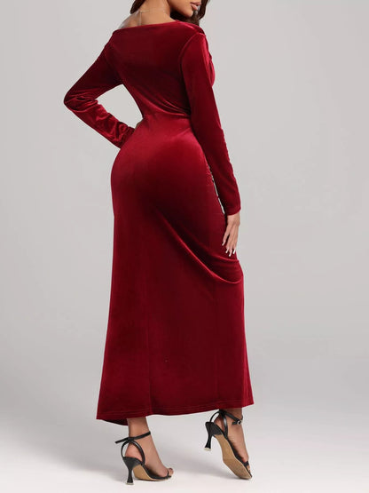 Ruched Velvet Long Sleeve Slit Dress-Nordavory