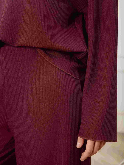 V-Neck Long Sleeve Top and Wide Leg Pants Set-Nordavory