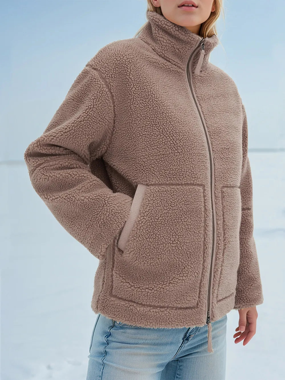 Turtleneck Zip Up Long Sleeve Plush Jacket-Nordavory