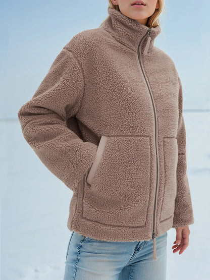 Turtleneck Zip Up Long Sleeve Plush Jacket-Nordavory