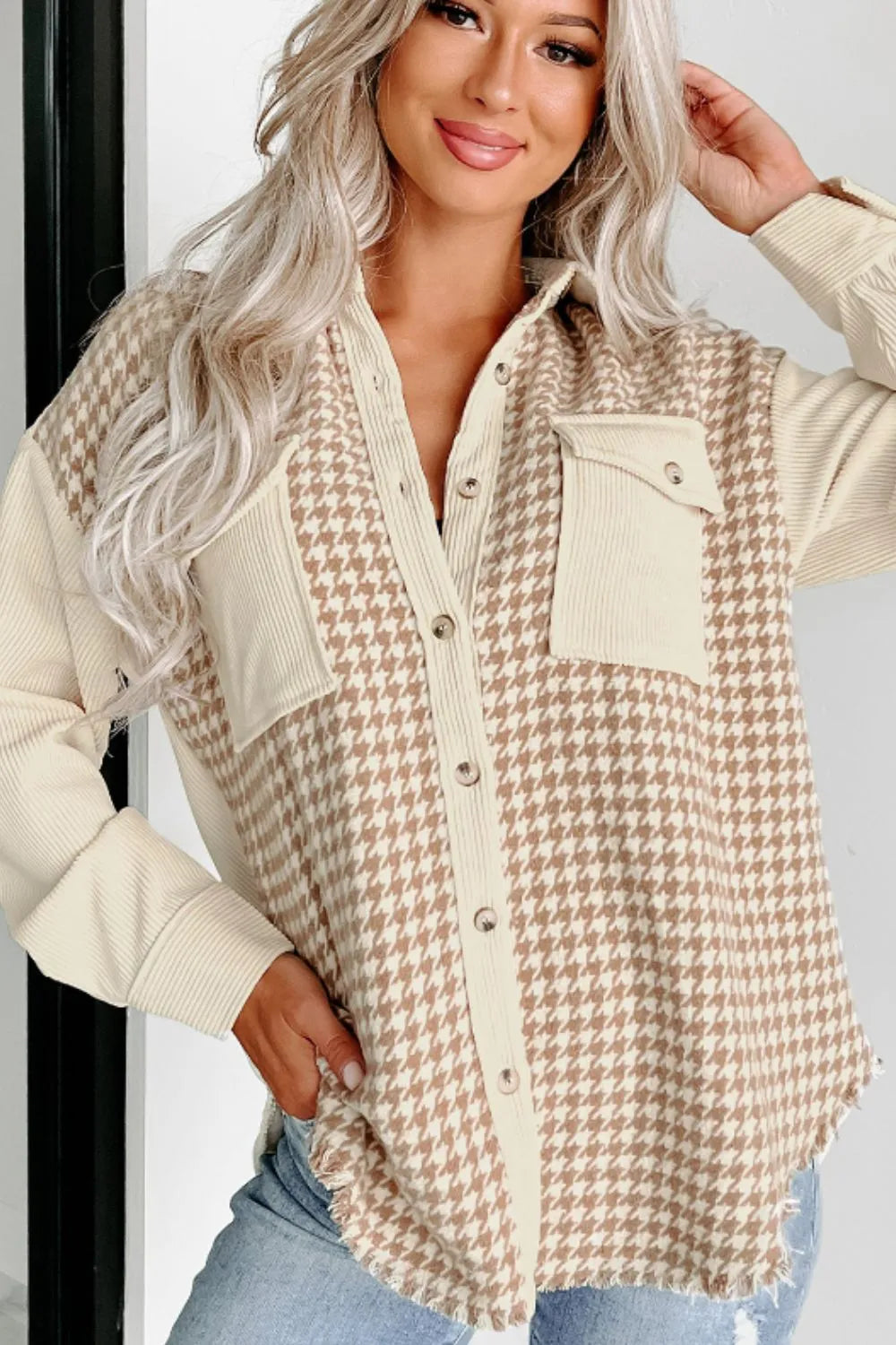 Houndstooth Button Up Long Sleeve Jacket-Nordavory