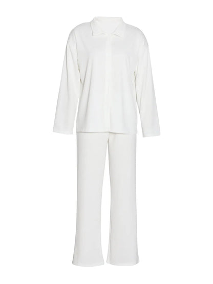 Collared Neck Long Sleeve Top and Drawstring Pants Set-Nordavory