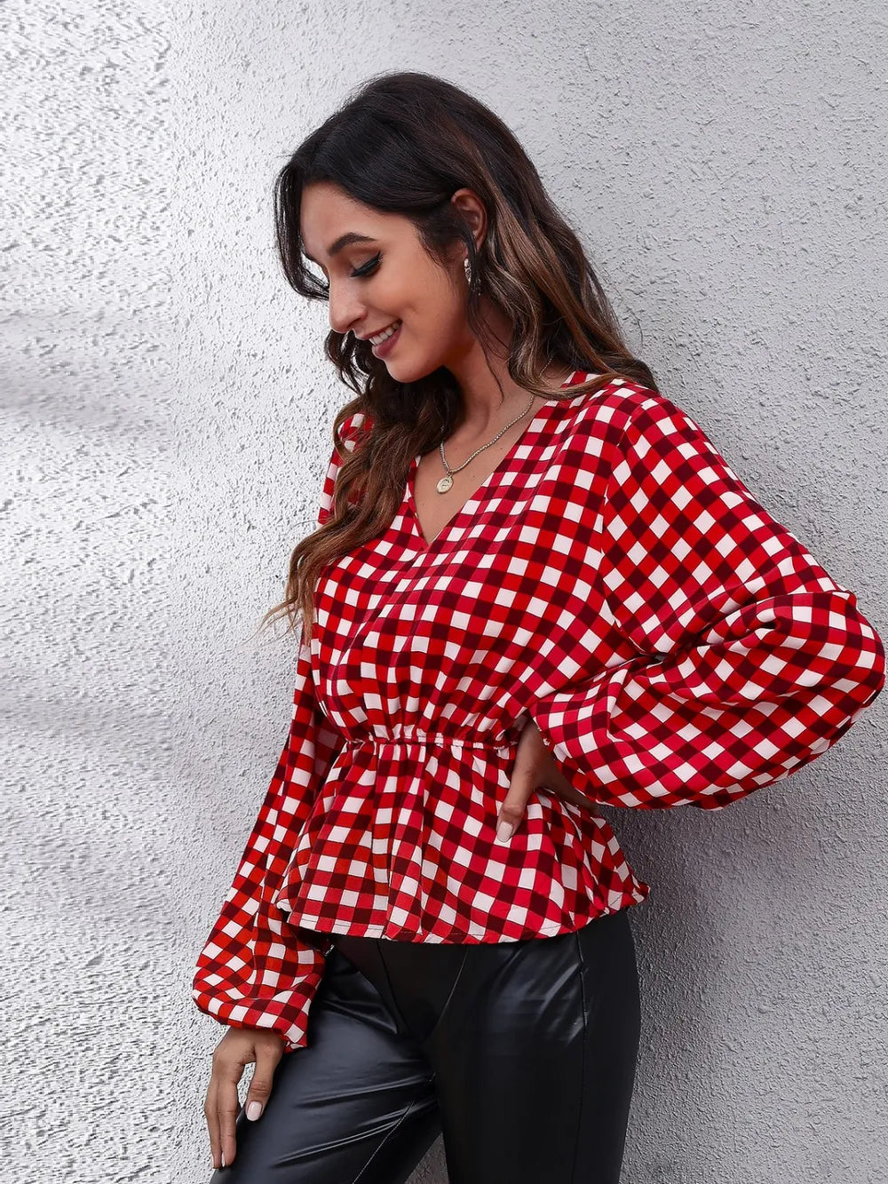 Plaid V-Neck Balloon Sleeve Peplum Blouse-Nordavory