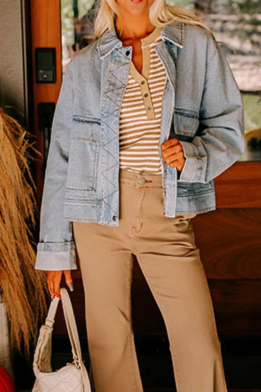 Zip Up Drop Shoulder Denim Jacket-Nordavory