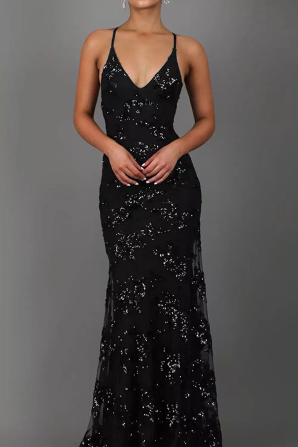 Full Size Sequin Tie Back V-Neck Maxi Dress Plus Size-Nordavory