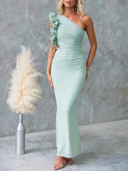 One-Shoulder Floral Trim Sleeveless Maxi Dress-Nordavory