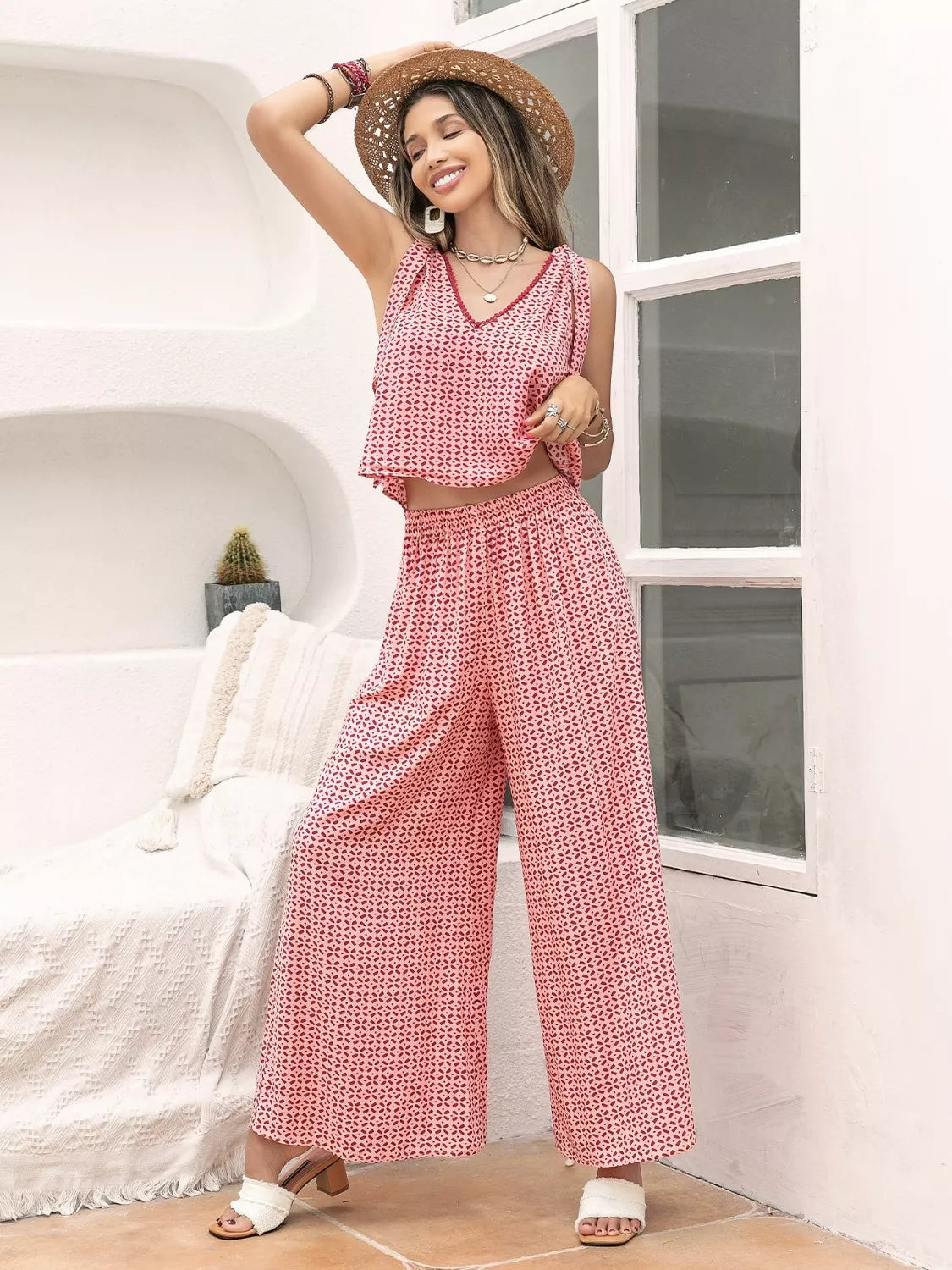 Gingham Tie Shoulder Top and Pants Set-Nordavory