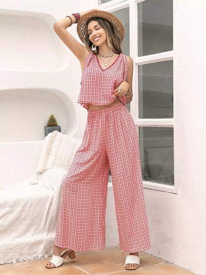 Gingham Tie Shoulder Top and Pants Set-Nordavory