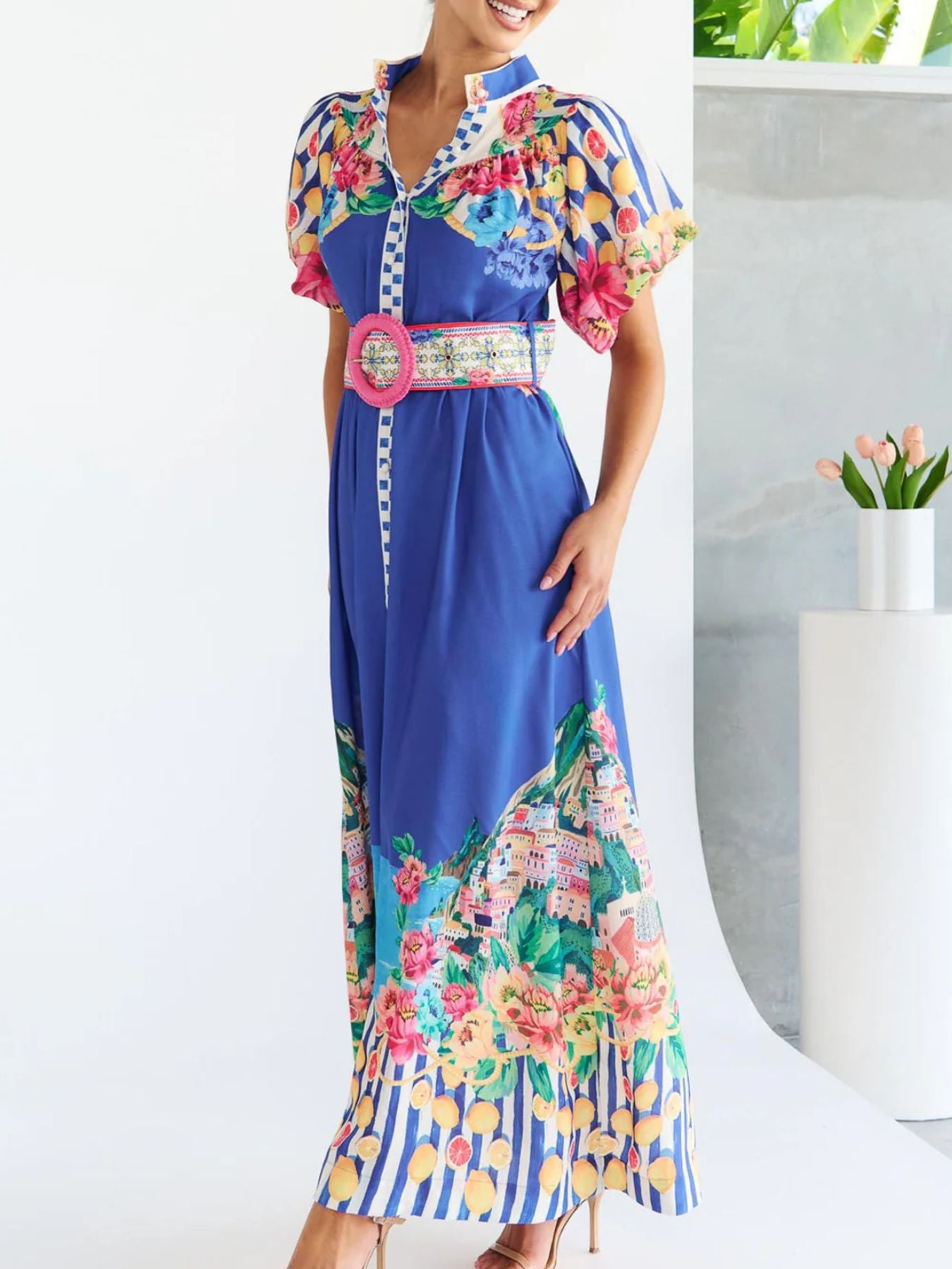 Printed Button Front Puff Sleeve Maxi Dress-Nordavory