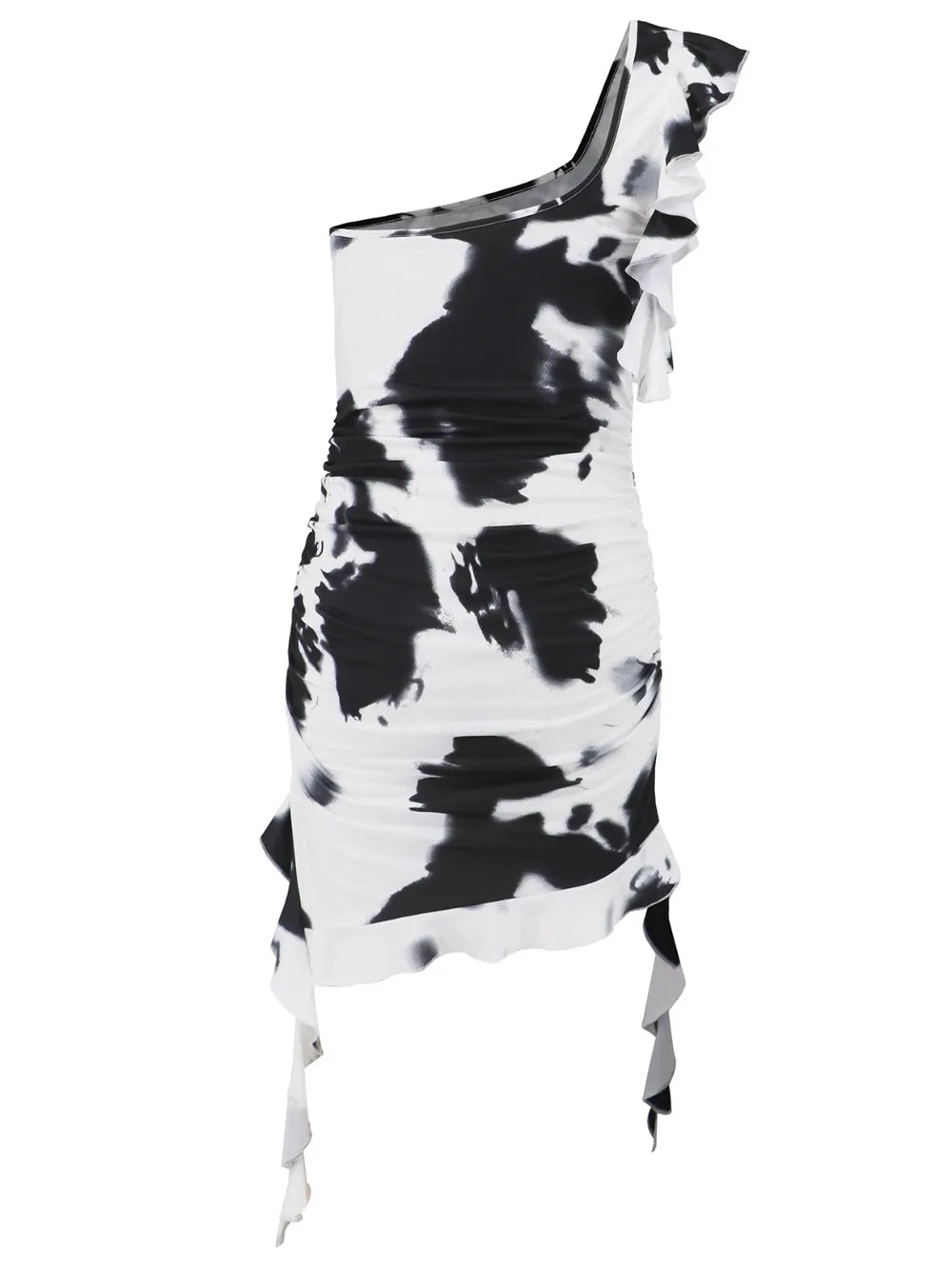 Ruffled Tie-Dye Single Shoulder Mini Dress-Nordavory