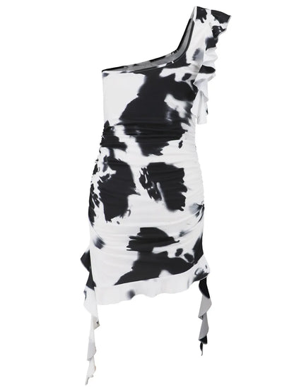 Ruffled Tie-Dye Single Shoulder Mini Dress-Nordavory