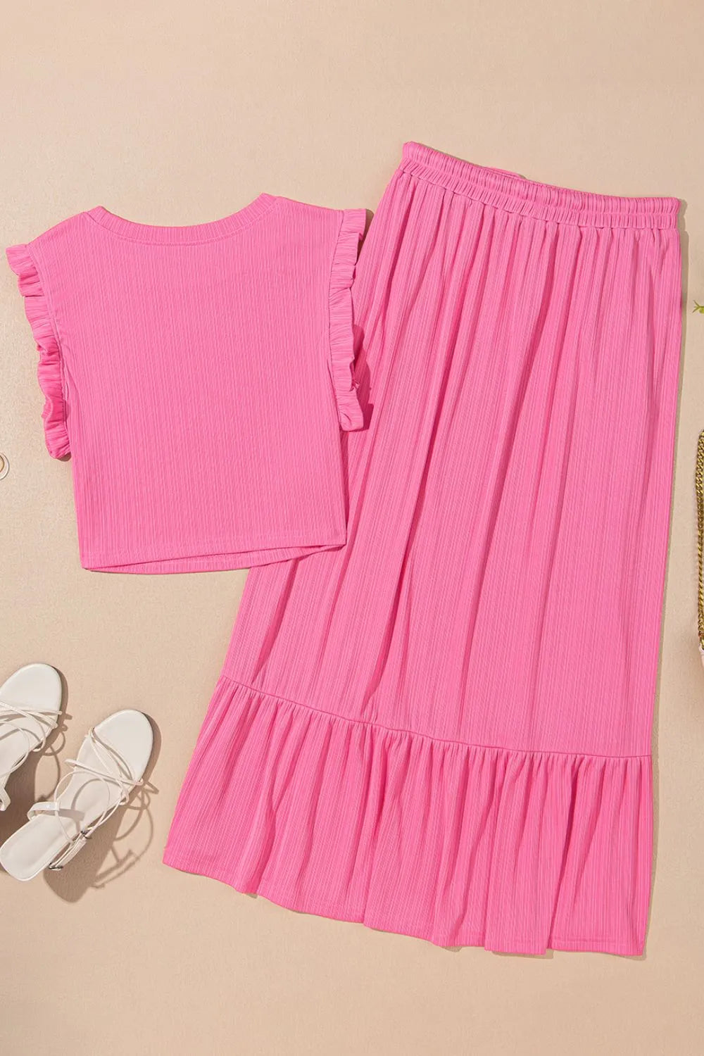 Ruffle Trim Round Neck Top and Drawstring Skirt Set-Nordavory
