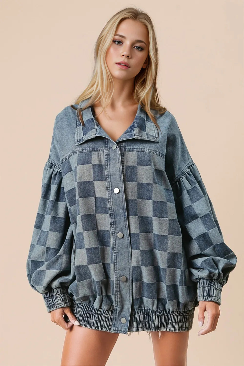 Double Take Checkered Button Up Denim Jacket-Nordavory